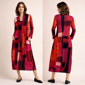 Alembika Patchwork Cocoon Sunset Strip Midi Dress Long Sleeve Size S (Size I)